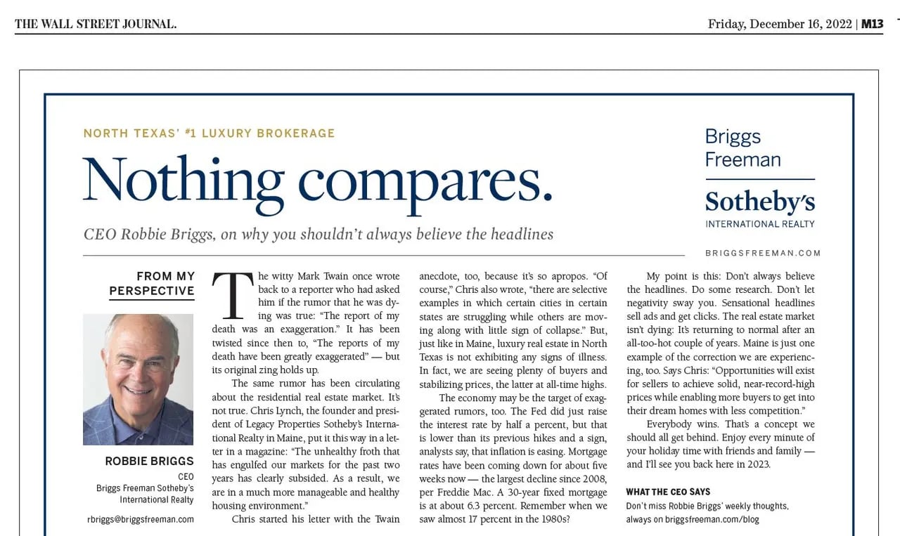 Briggs Freeman Sotheby’s International Realty of Texas Quotes Chris Lynch in Wall Street Journal