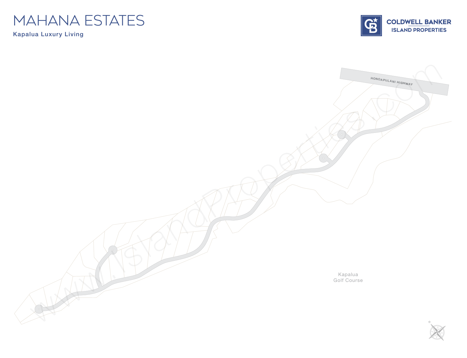 Mahana Estates site map showing home lots and a winding road connecting to Honoapiilani Highway.