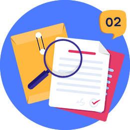Checklist and documents under a magnifying glass, marked 02.