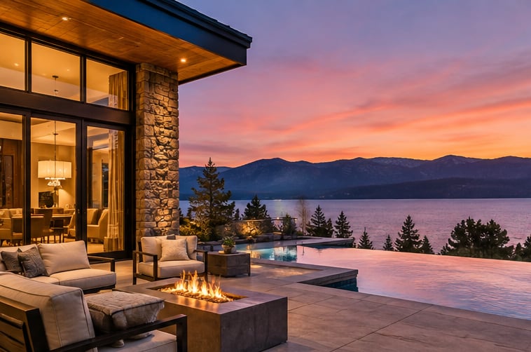 Modern lakeside home with illuminated patio, fire pit, infinity pool, and mountain views at sunset.