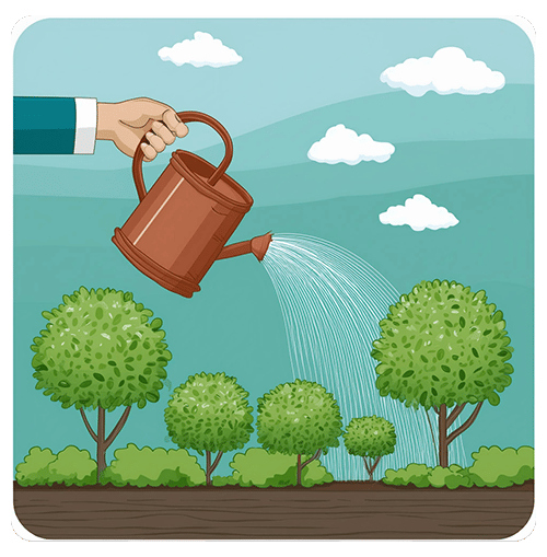 A hand waters a row of shrubs and young trees with a watering can.