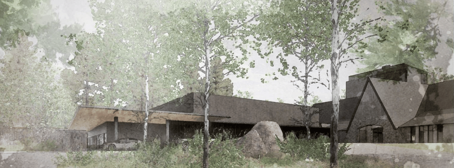 Architectural rendering of a sprawling building complex among trees, with a pitched-roof entrance and landscaped grounds.