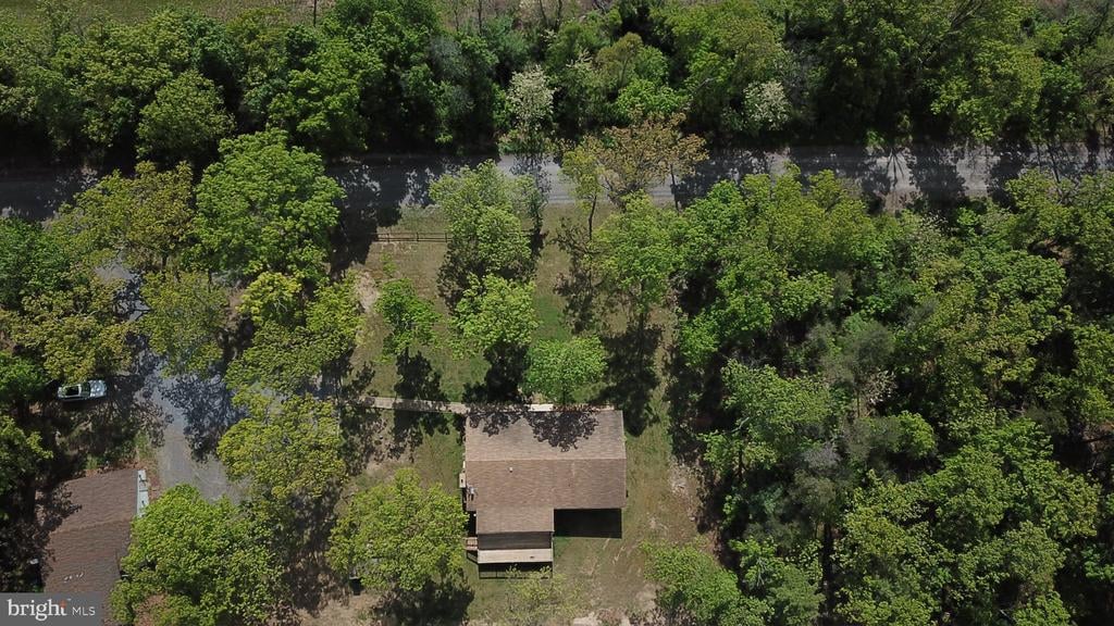 Aerial view of a house among mature trees, with a road behind it.