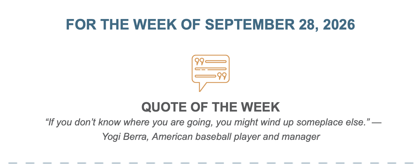Weekly quote graphic featuring Yogi Berra’s quote about knowing where you are going.
