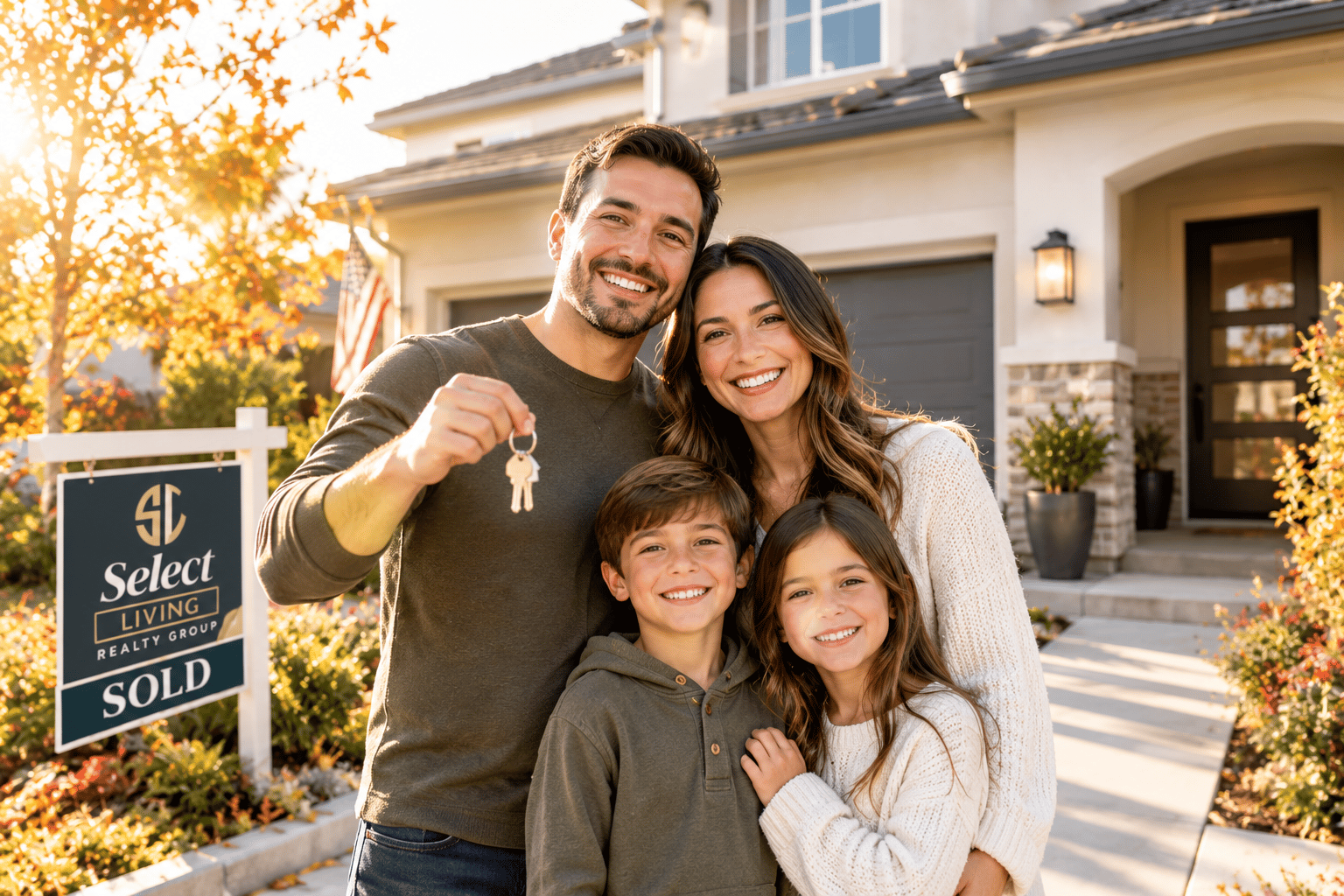 Family celebrates outside their new home as the father holds up a key beside a SOLD sign.