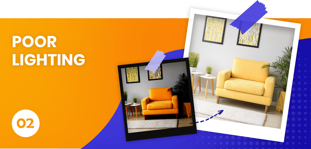 Graphic comparing a dim living room photo with a brighter one to illustrate poor lighting.