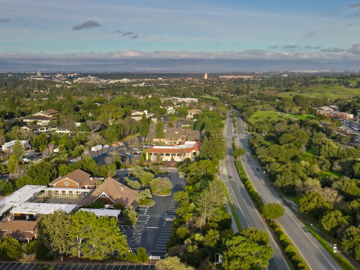 Aerial view of Sand Hill Road in Menlo Park's Sharon Heights neighborhood