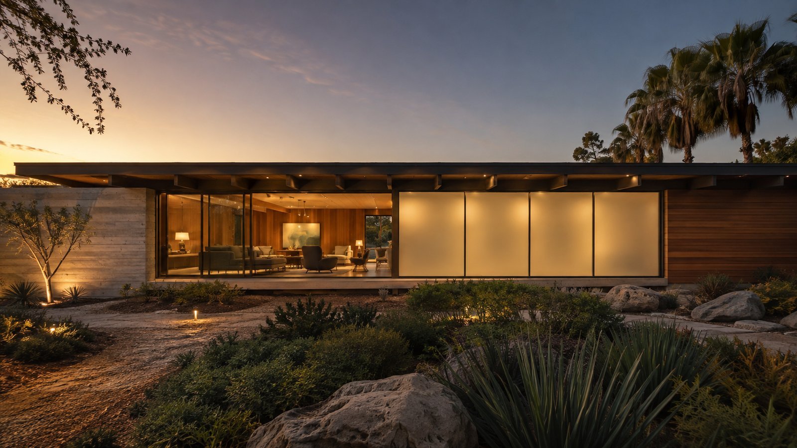 Concept illustration of a midcentury home at dusk, its glass wall split between a clear section and a softly glowing private section.