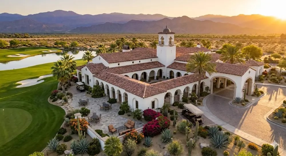 Elegant private golf clubhouse exterior in a desert resort setting, Spanish colonial architecture, palm trees, immaculate landscaping.