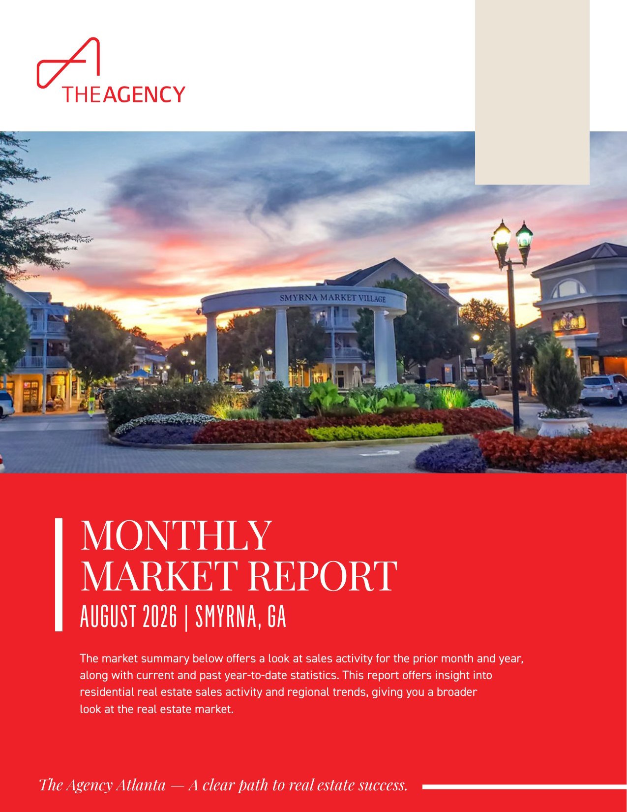 Monthly Market Report August 2026 cover for the Smyrna real estate market with Smyrna Market Village at sunset