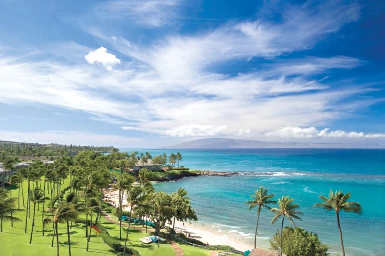 Palm-lined resort grounds beside a turquoise beach and ocean under a partly cloudy sky.