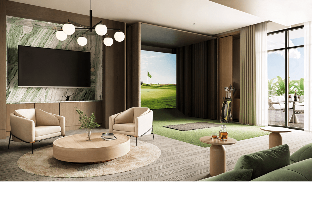 Rendering of the sports lounge with a golf simulator at 3300 Gulf Shore, Naples