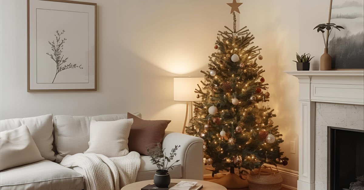 Cozy living room with a neutral sofa and a simply decorated Christmas tree, showing minimal holiday decor that keeps the focus on the home.
