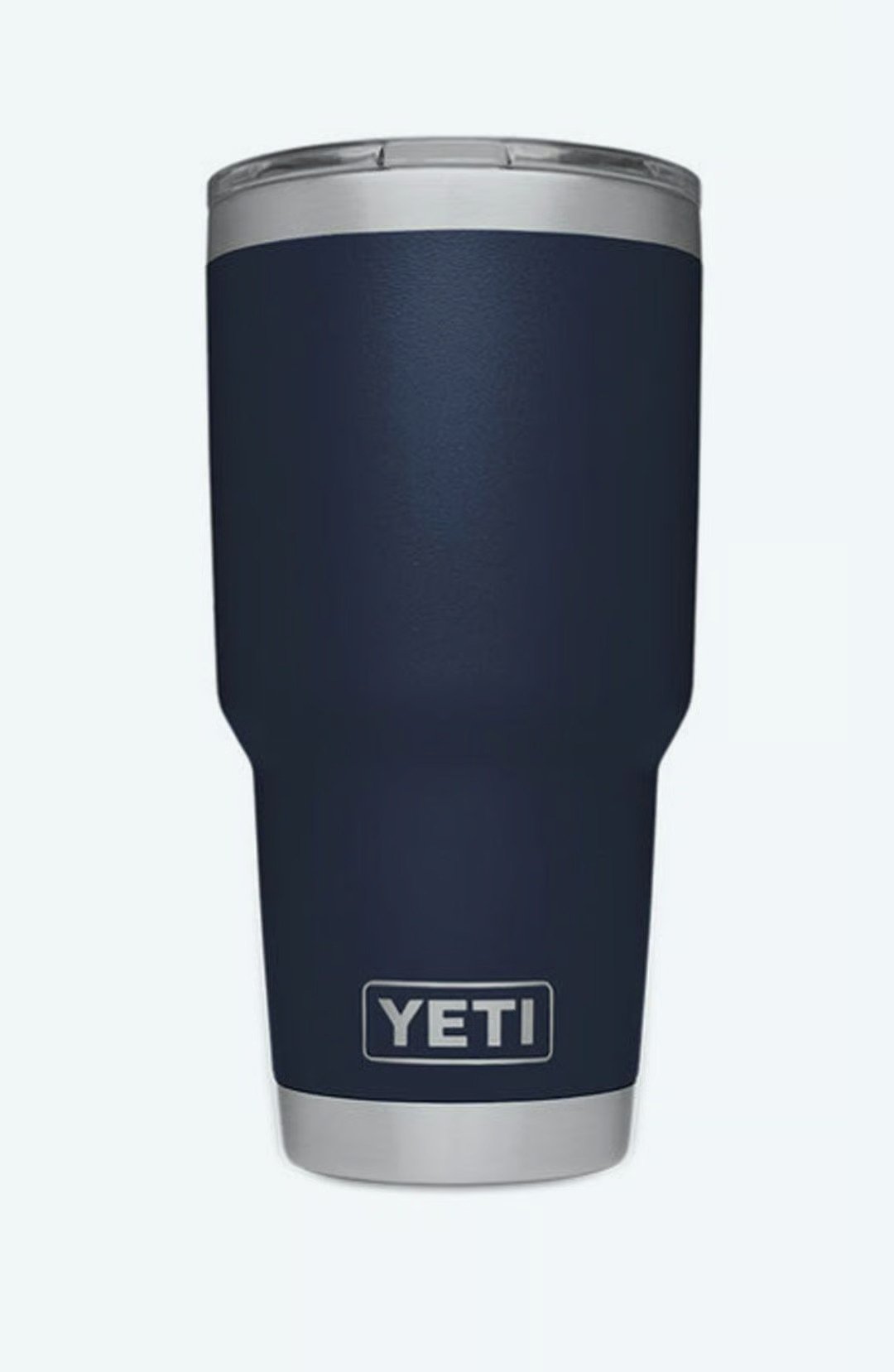 Navy YETI insulated tumbler with a clear lid and stainless steel accents.
