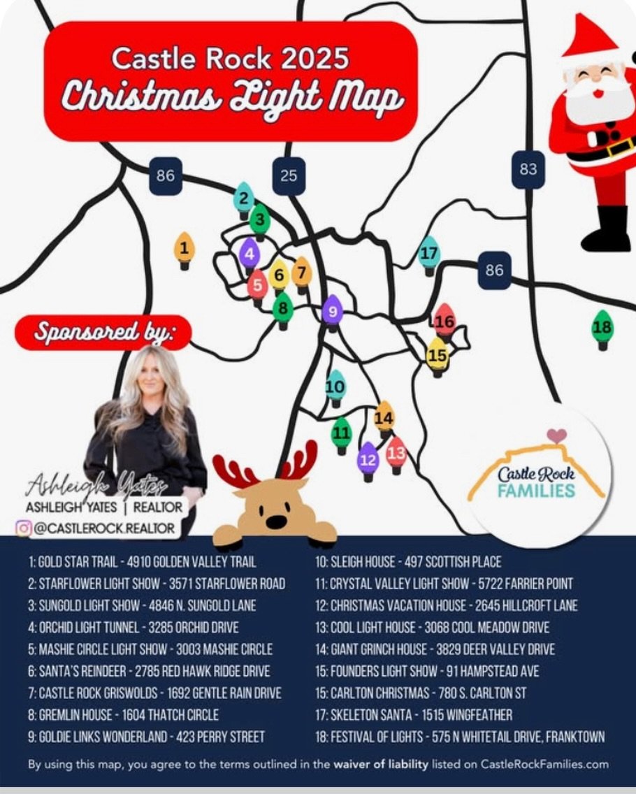Festive Castle Rock Families Christmas Light Map 2025 graphic highlighting 17 decorated homes and one local business, with icons for light shows, inflatables, and kid-friendly displays