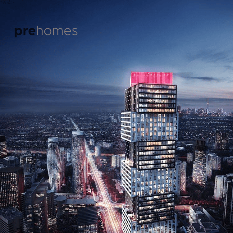 Modern high-rise with a bright pink rooftop feature above an illuminated city skyline at dusk.