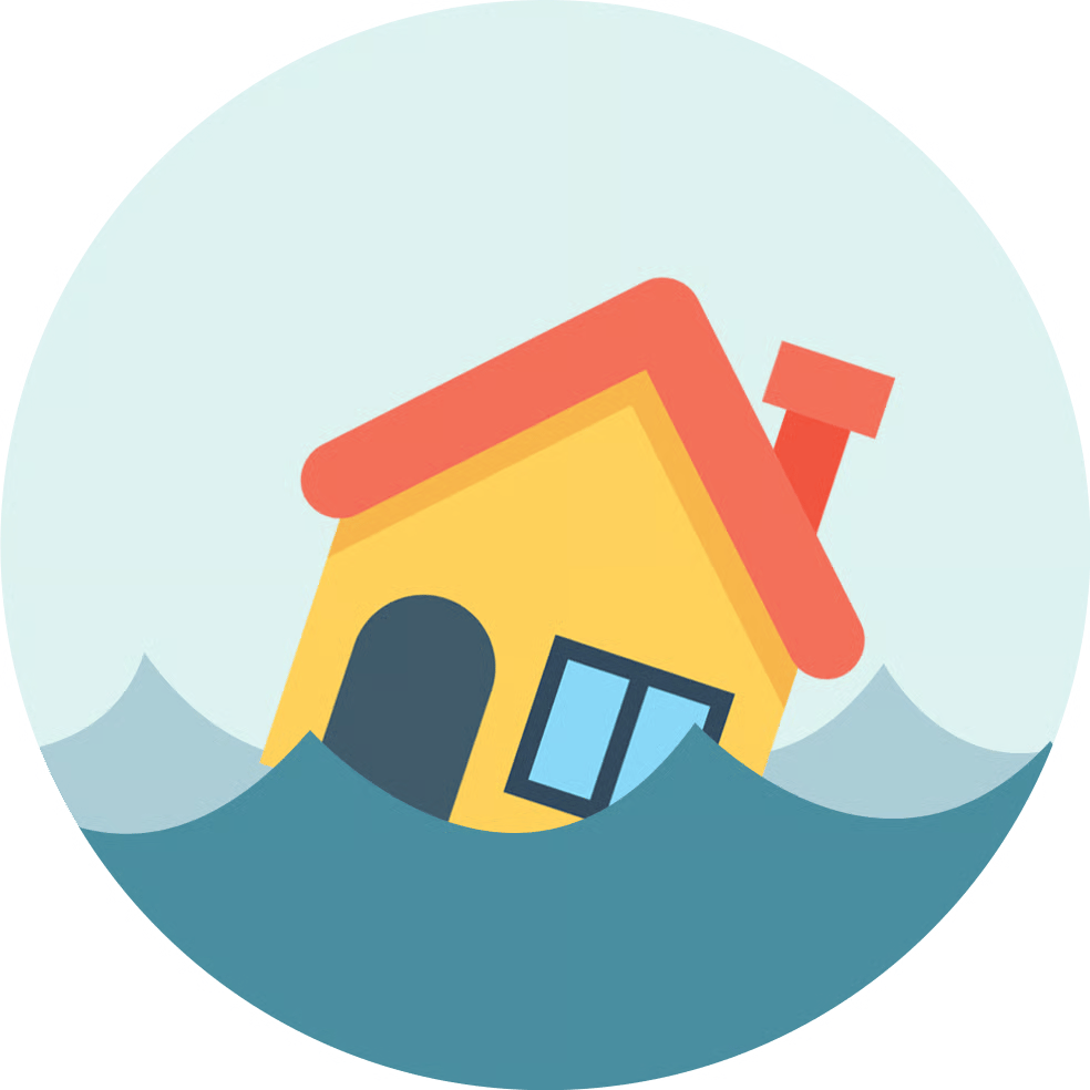 A yellow house with a red roof partly submerged in floodwater.