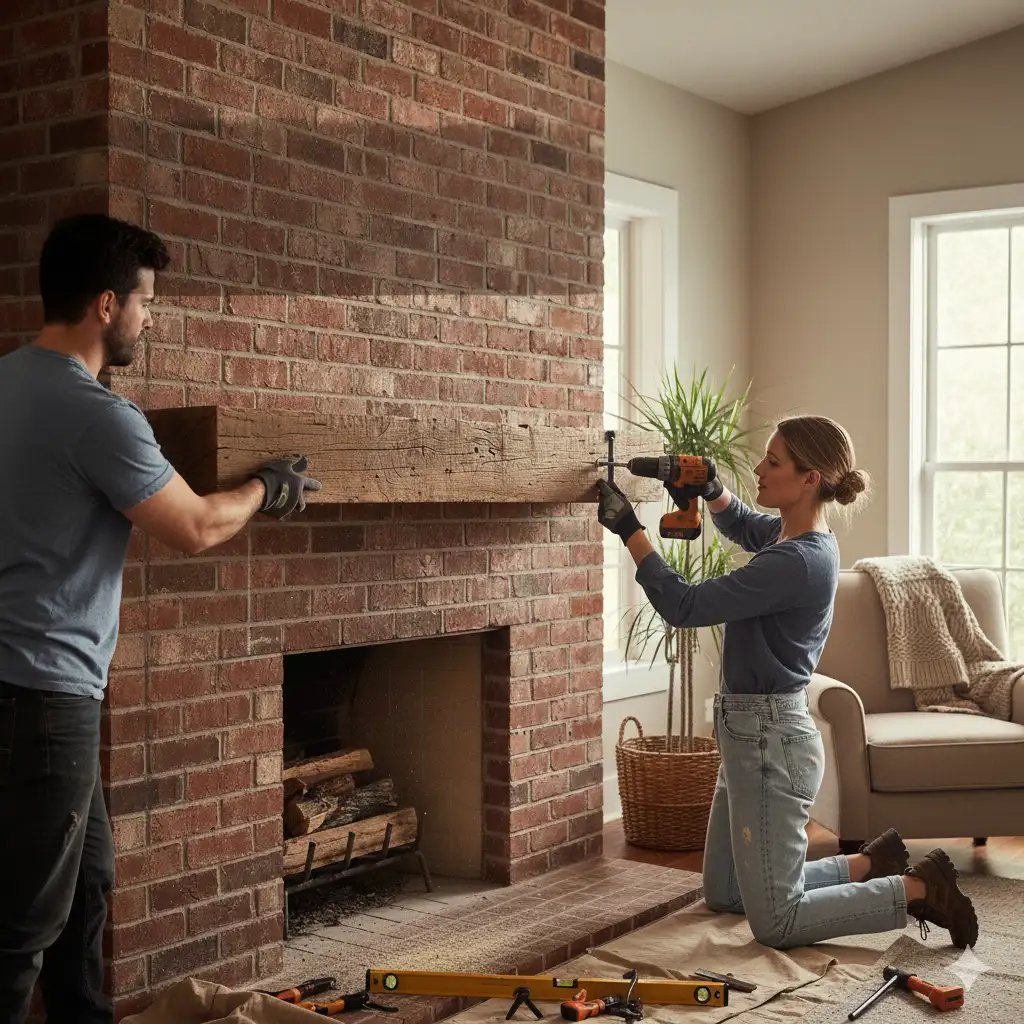 Homeowners installing a wood mantel on a brick fireplace using a drill.