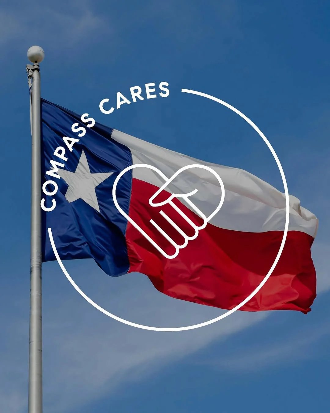 Central Texas Flood Relief effort shows a Texas flag flying high in front of a blue sky. 