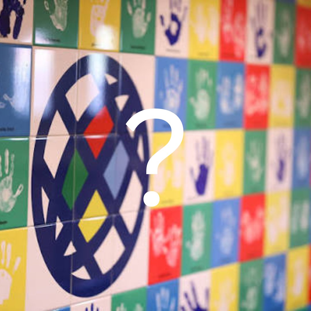 Colorful handprint-tile wall with a circular emblem and an overlaid white question mark.