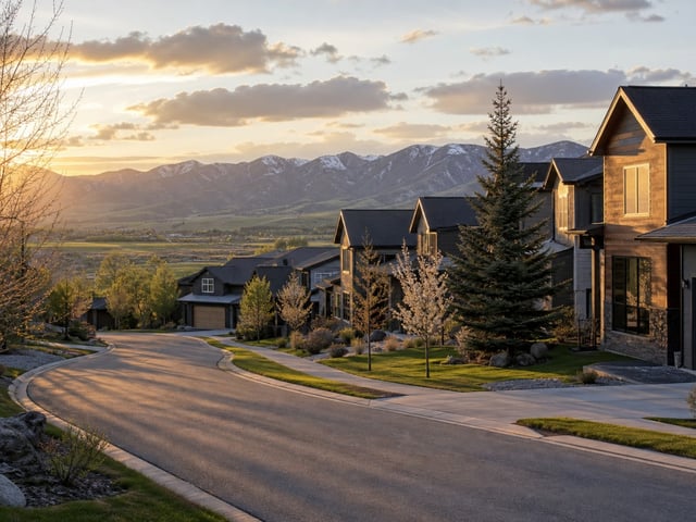 Modern homes line a curving street with mountains in the background at sunset.