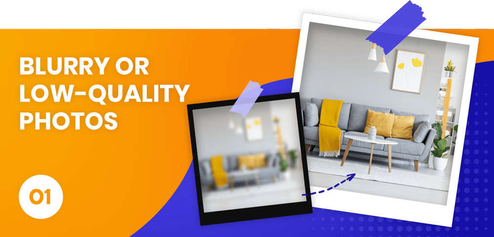 Listing-photo graphic comparing a blurry living room photo with a sharp one.