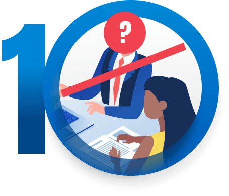 Blue number 10 framing a buyer reviewing paperwork with an agent marked by a question mark and red slash.