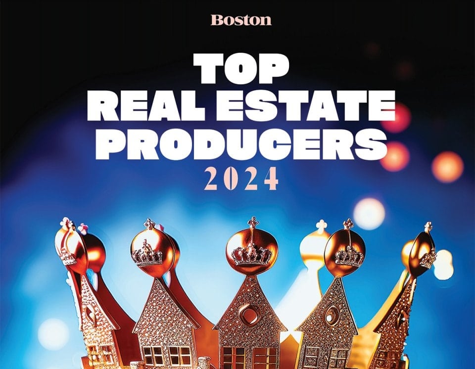 Boston Top Real Estate Producers 2024 text over a background with crowns shaped like houses.