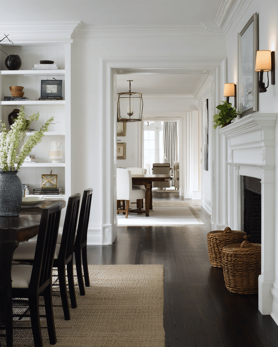 Bright hallway leading past built-in shelves and a white fireplace toward a dining room.