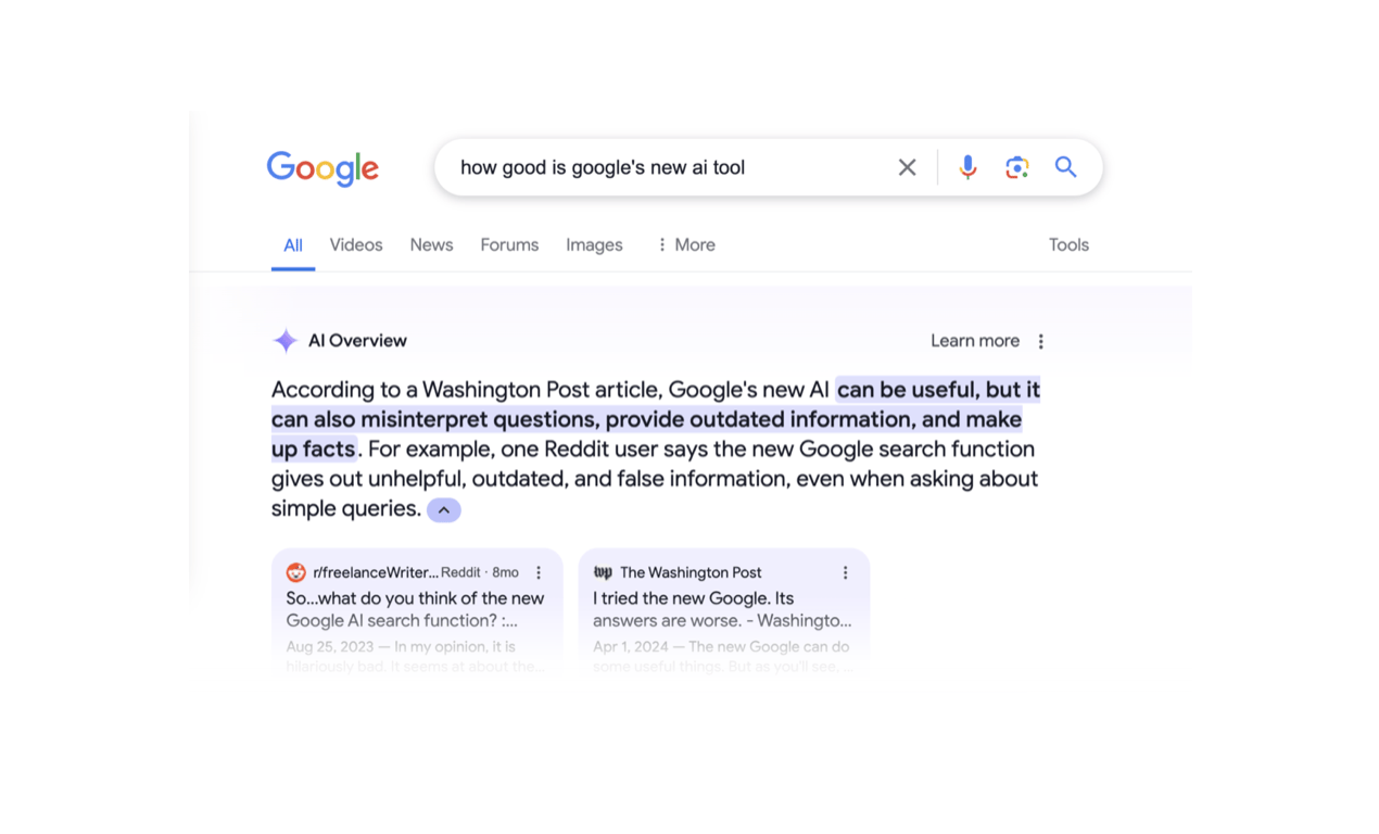Google search results showing an AI Overview warning that Google's AI may provide inaccurate information.