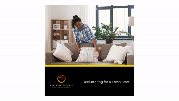 Animated preview of a home decluttering storybook featuring a woman staging a living room, part of TK Real Estate Group’s “Decluttering for a Fresh Start” series.