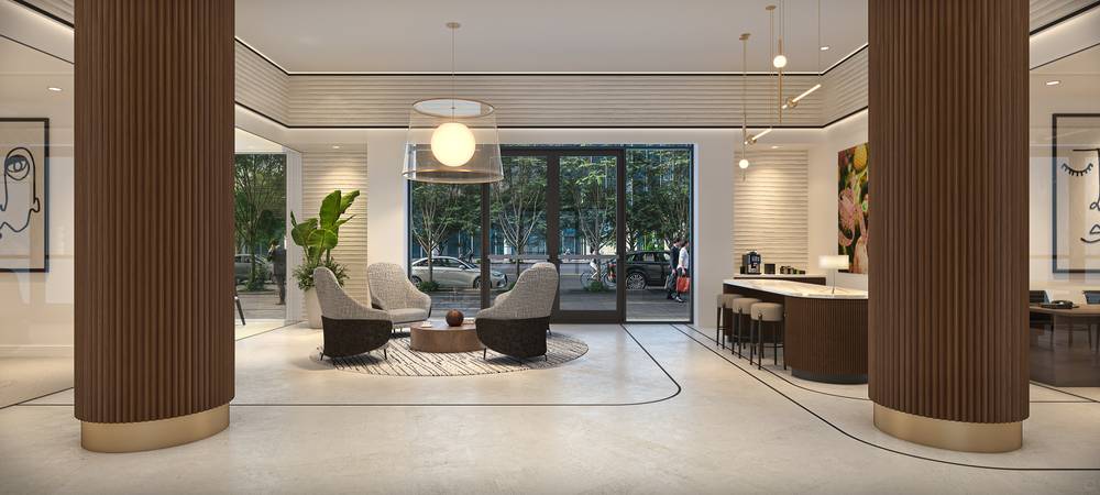 Residential lobby with ribbed wood columns, lounge seating, and floor-to-ceiling windows.
