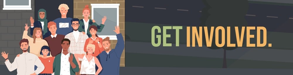 Neighbors wave beside the message “Get involved.”