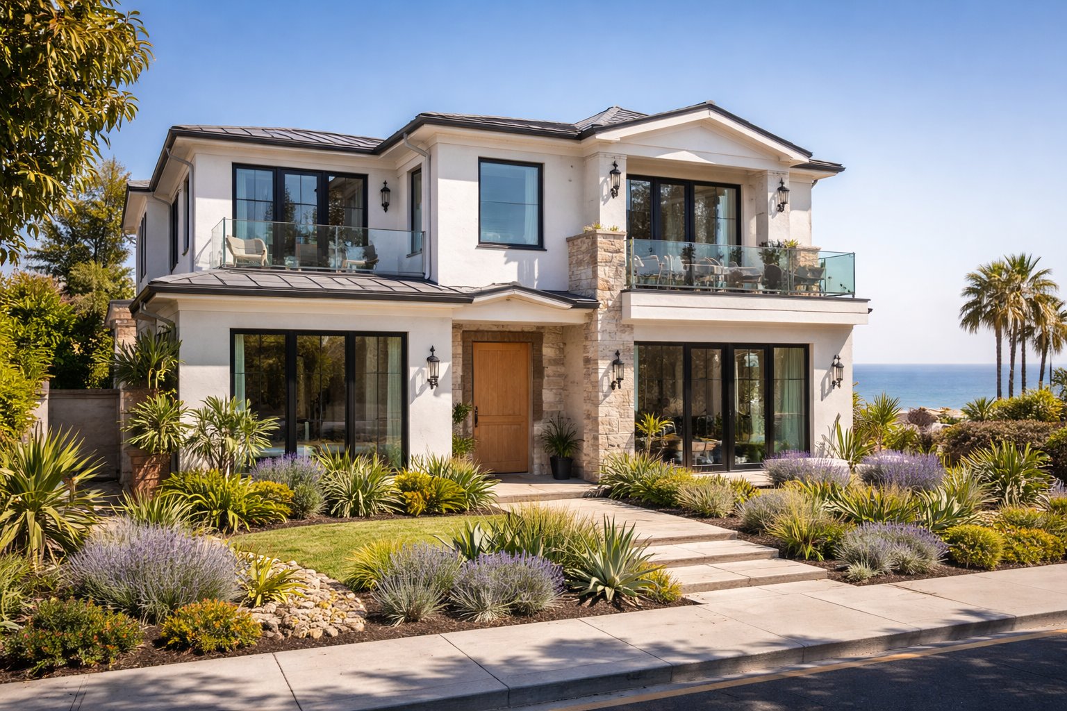 Luxury Corona del Mar home with modern coastal architecture, white stucco exterior, and manicured landscaping in Newport Beach California