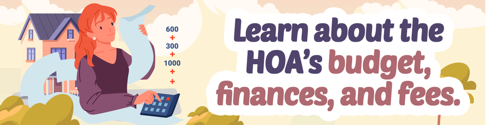 Illustration about HOA budgets, finances, and fees, with a woman using a calculator beside a house.