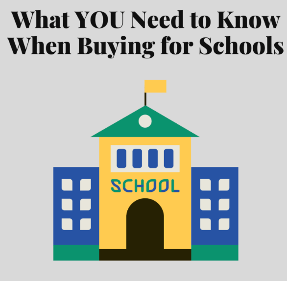 What YOU Need to Know When Buying for Schools, with an illustrated school building.