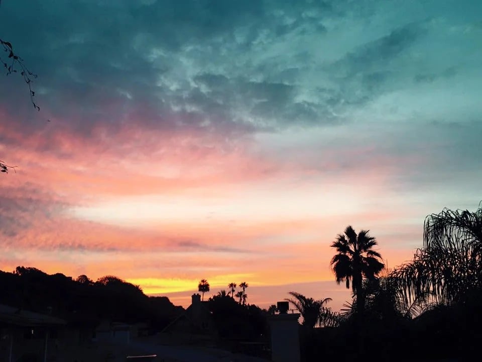 Pink and orange morning sky above silhouetted rooftops and palm trees.