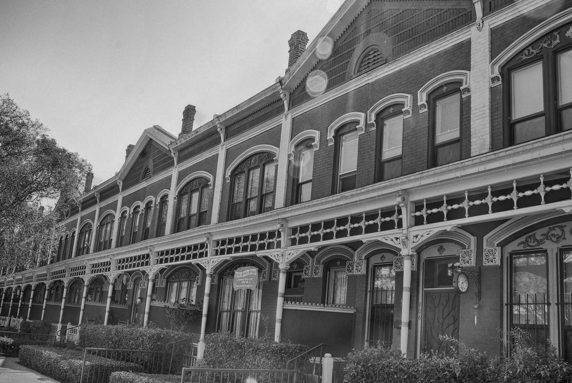 Brick Row on A Avenue between 9th and 10th Streets in National City, the 1887 row houses at Heritage Square, photographed in black and white in September 2014