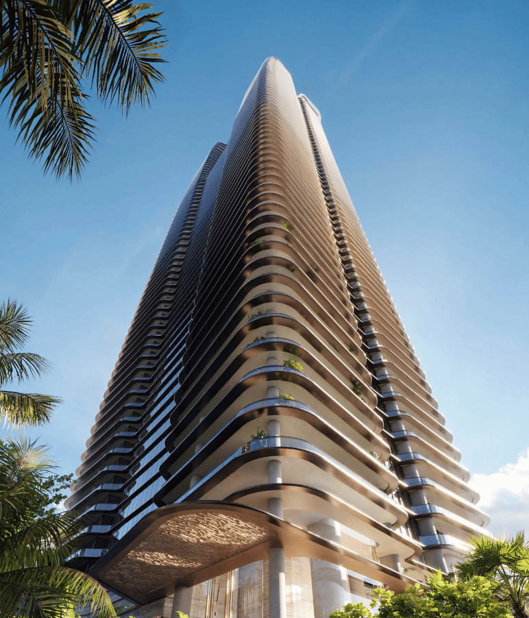 Rendering of a luxury condominium tower with sweeping curved balconies framed by palm trees.