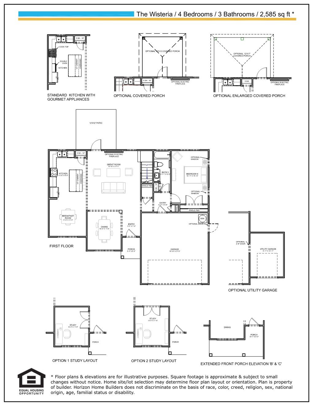 Wisteria four-bedroom home floor plan with first-floor layout and optional porch, garage, and study configurations.