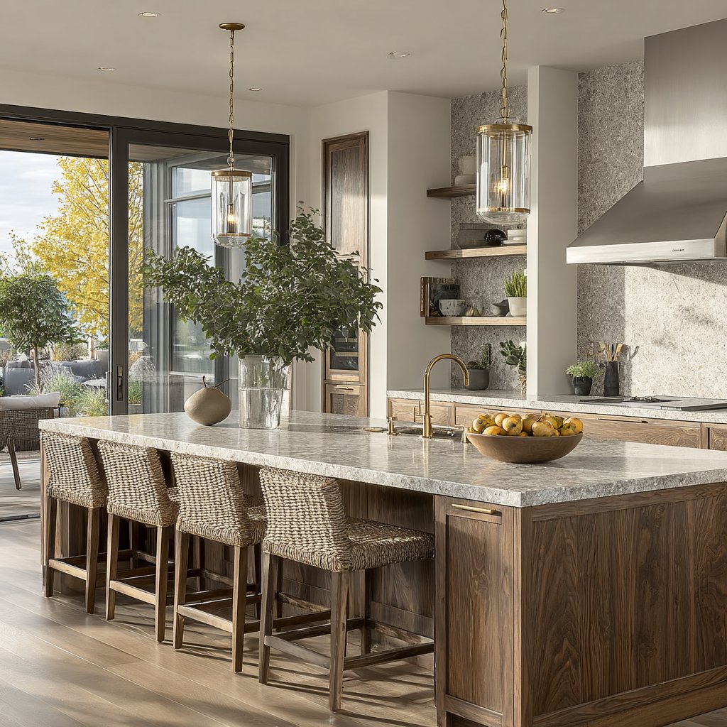 Modern kitchen with a stone island, woven stools, wood cabinetry, and sliding doors to an autumn patio.