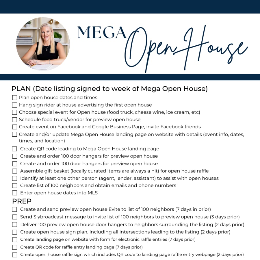 Mega Open House Plan checklist for scheduling and preparing a real estate open house.