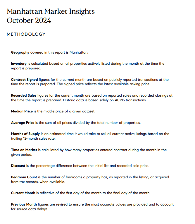 October 2024 Manhattan market report methodology and definitions for real estate market statistics.
