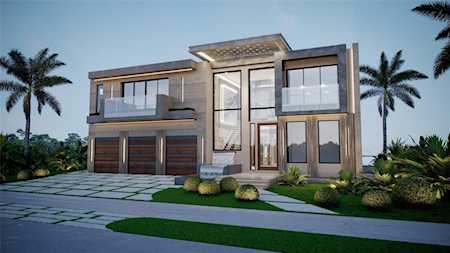 Modern two-story home with a glass facade, double garage, and landscaped front yard.