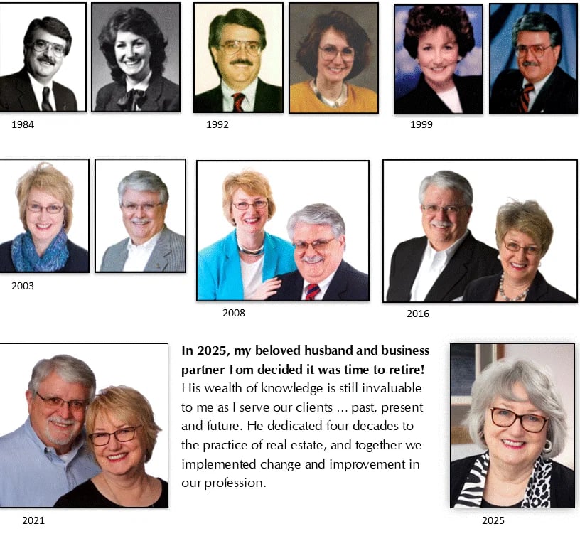 A real estate career timeline collage with portraits from 1984 to 2025 and a retirement message.