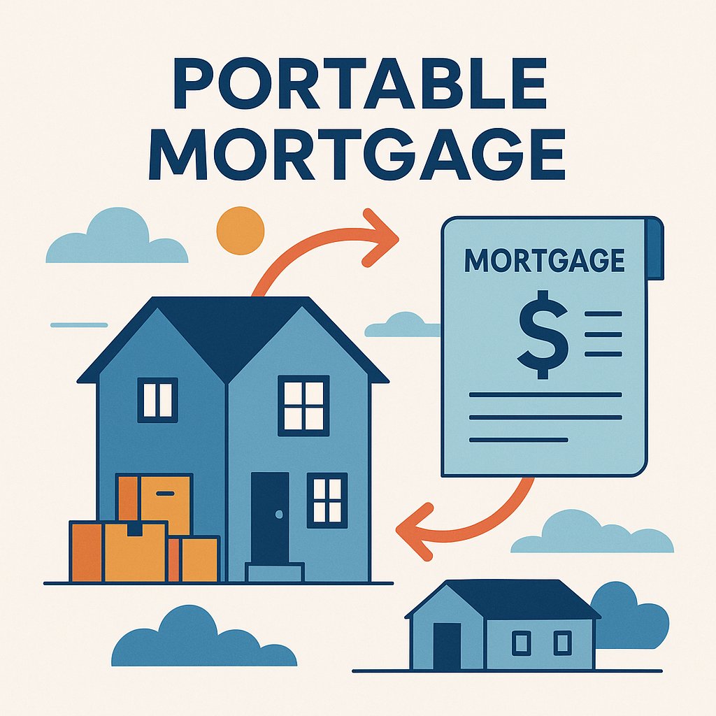 “Flat illustration showing a mortgage document with arrows connecting a smaller house and a larger house, symbolizing a portable mortgage being transferred between properties. Includes moving boxes and clean blue-and-orange color styling.
