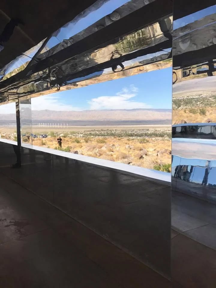 Mirage installation by Doug Aitken reflects the desert landscape and sky.