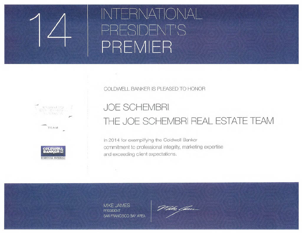 The certificate, primarily white, features a large blue banner at the top displaying the year "14" and "INTERNATIONAL PRESIDENT'S PREMIER". 