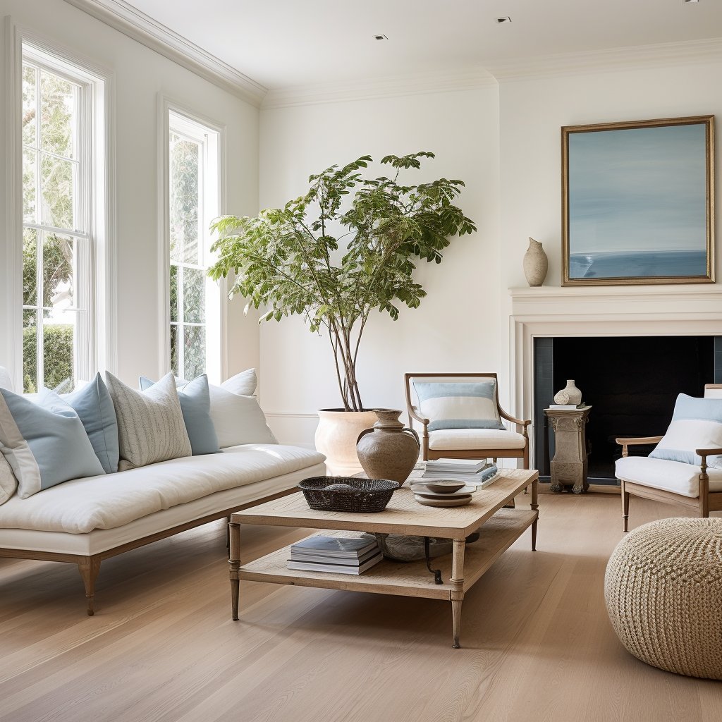 Bright living room with a white sofa, tall windows, potted tree, and fireplace.