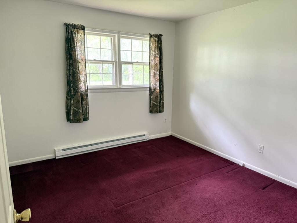 Empty bedroom with burgundy carpet and a double window framed by dark patterned curtains.